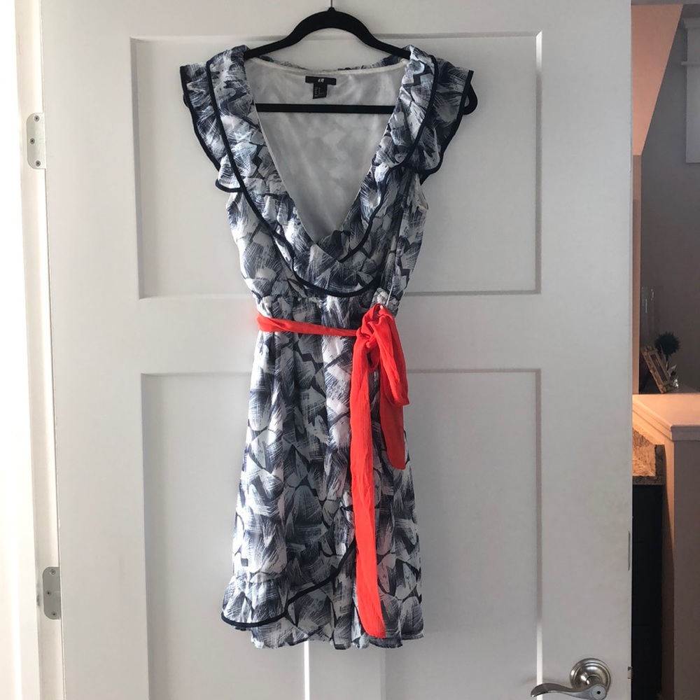 Navy and white with red belt dress with ruffles